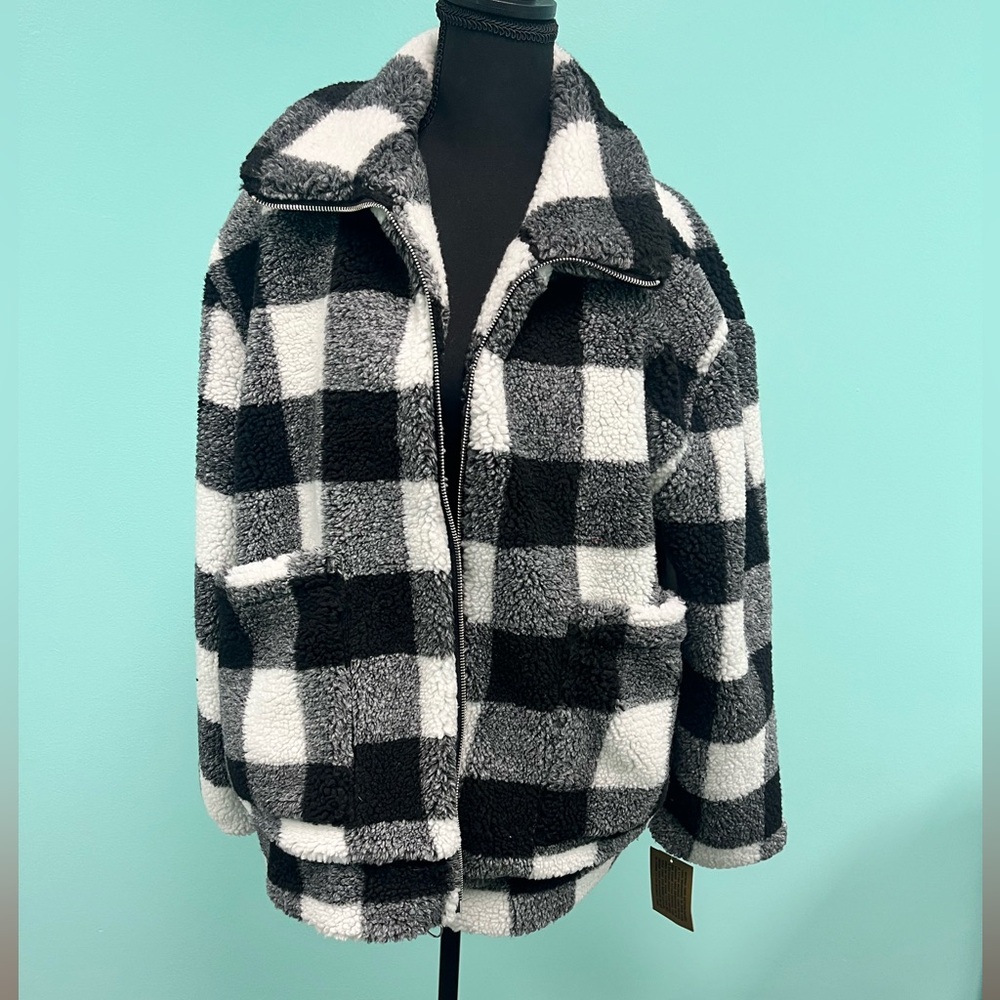 Steve Madden Black & White Buffalo Plaid Fleece Zip-Up Jacket size L. - Picture 1 of 5